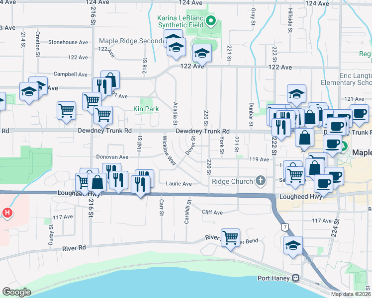map of restaurants, bars, coffee shops, grocery stores, and more near 11939 Dover Street in Maple Ridge