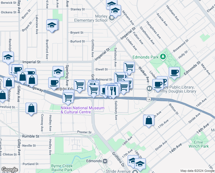 map of restaurants, bars, coffee shops, grocery stores, and more near 7035 Arcola Street in Burnaby