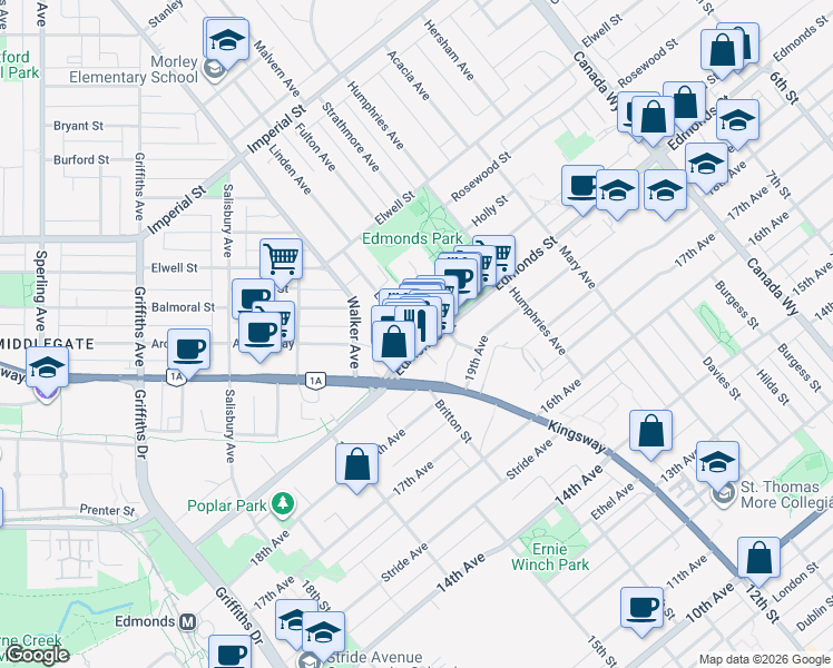 map of restaurants, bars, coffee shops, grocery stores, and more near 7236 Linden Avenue in Burnaby