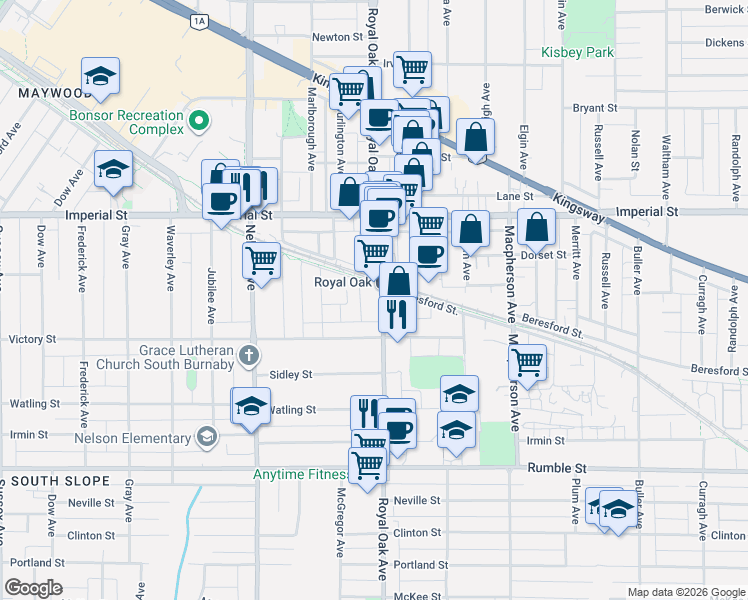 map of restaurants, bars, coffee shops, grocery stores, and more near 7001 Royal Oak Avenue in Burnaby