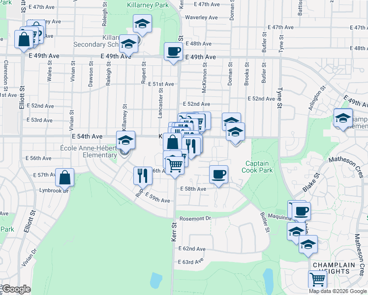 map of restaurants, bars, coffee shops, grocery stores, and more near 7056 Kerr Street in Vancouver