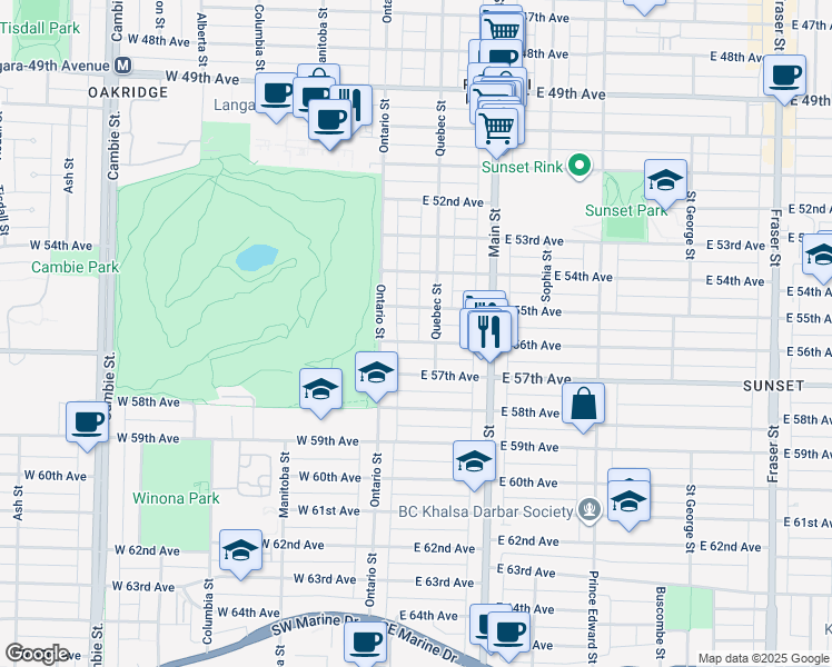 map of restaurants, bars, coffee shops, grocery stores, and more near 75 East 56th Avenue in Vancouver