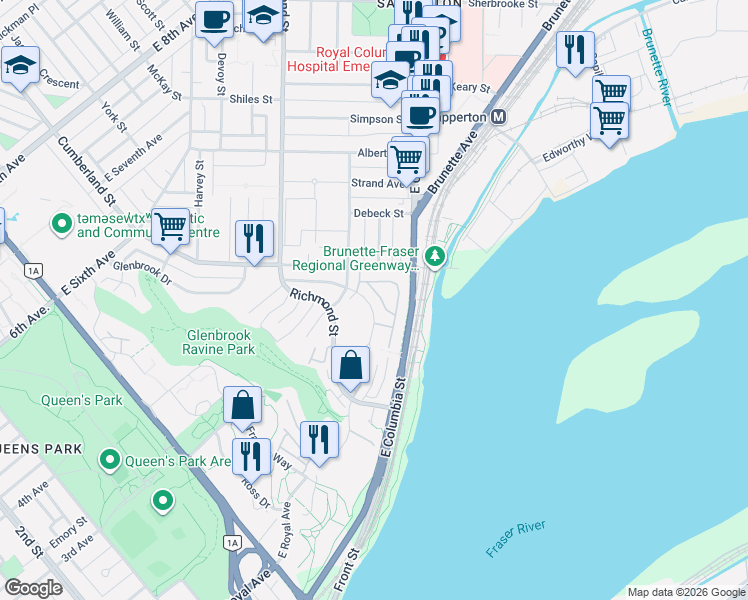 map of restaurants, bars, coffee shops, grocery stores, and more near 323 Governors Court in New Westminster