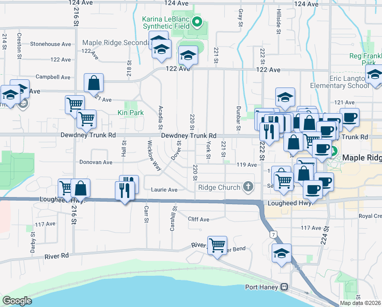 map of restaurants, bars, coffee shops, grocery stores, and more near 11949 220 Street in Maple Ridge