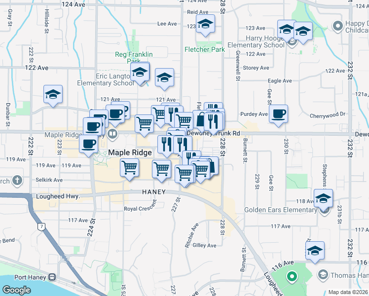 map of restaurants, bars, coffee shops, grocery stores, and more near 11948 227 Street in Maple Ridge