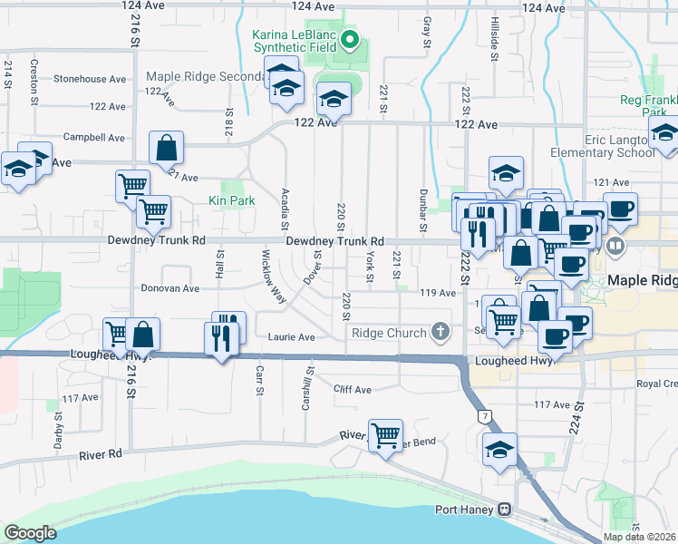 map of restaurants, bars, coffee shops, grocery stores, and more near 11949 Seaton Place in Maple Ridge