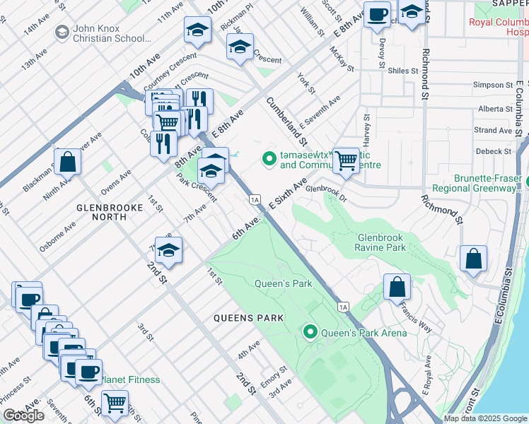 map of restaurants, bars, coffee shops, grocery stores, and more near 6th Avenue in New Westminster