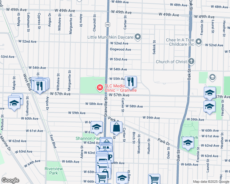 map of restaurants, bars, coffee shops, grocery stores, and more near 1463 West 57th Avenue in Vancouver