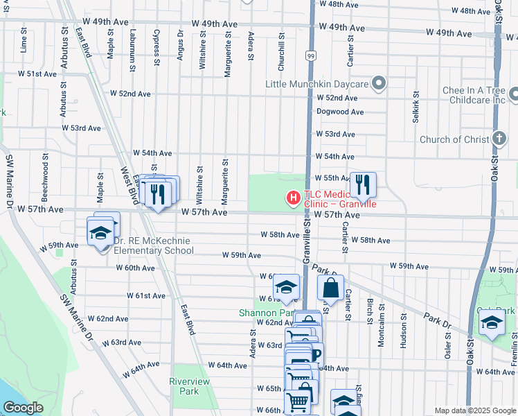 map of restaurants, bars, coffee shops, grocery stores, and more near 1577 West 57th Avenue in Vancouver
