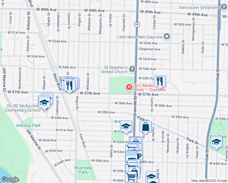 map of restaurants, bars, coffee shops, grocery stores, and more near 1577 West 57th Avenue in Vancouver