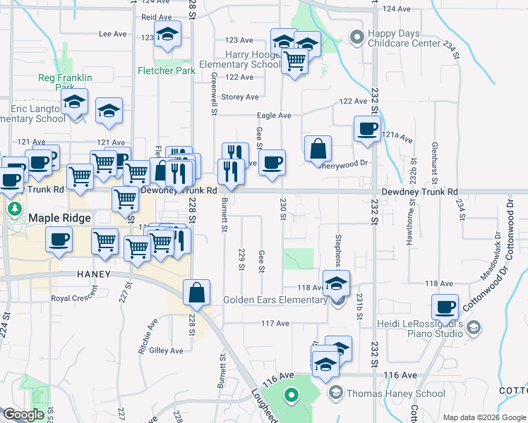map of restaurants, bars, coffee shops, grocery stores, and more near 22949 Fuller Avenue in Maple Ridge