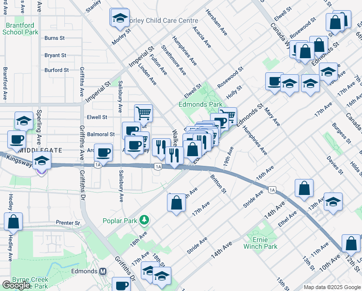 map of restaurants, bars, coffee shops, grocery stores, and more near 7325 Arcola Street in Burnaby