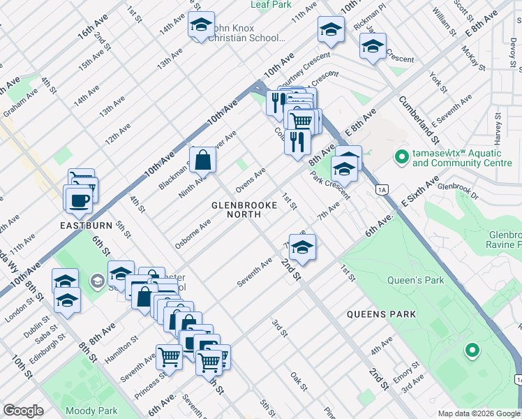 map of restaurants, bars, coffee shops, grocery stores, and more near 122 8th Avenue in New Westminster