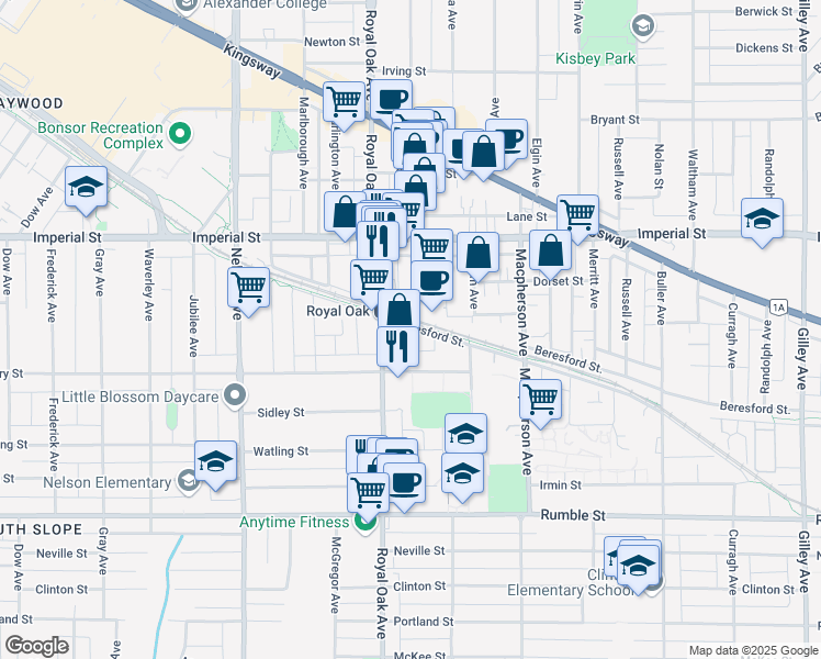 map of restaurants, bars, coffee shops, grocery stores, and more near in Burnaby