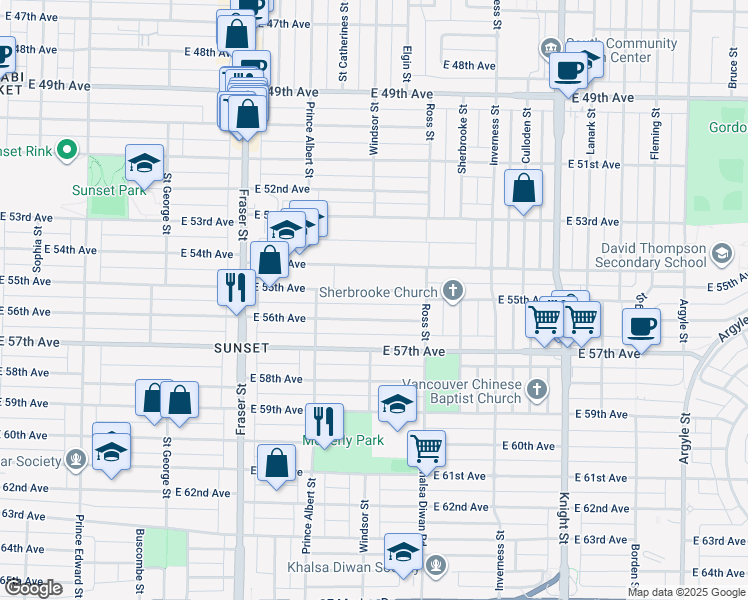 map of restaurants, bars, coffee shops, grocery stores, and more near in Vancouver