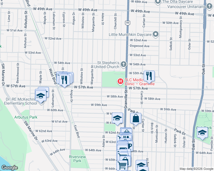 map of restaurants, bars, coffee shops, grocery stores, and more near 1573 West 57th Avenue in Vancouver