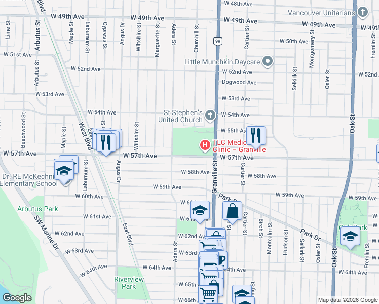 map of restaurants, bars, coffee shops, grocery stores, and more near 1561 West 57th Avenue in Vancouver