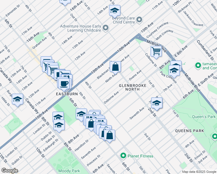 map of restaurants, bars, coffee shops, grocery stores, and more near 237 Sandringham Avenue in New Westminster
