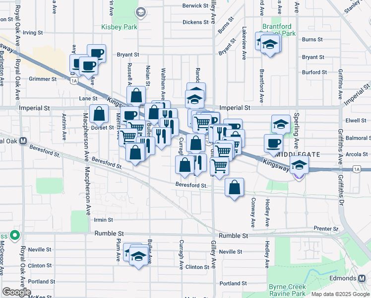 map of restaurants, bars, coffee shops, grocery stores, and more near 7070 Curragh Avenue in Burnaby