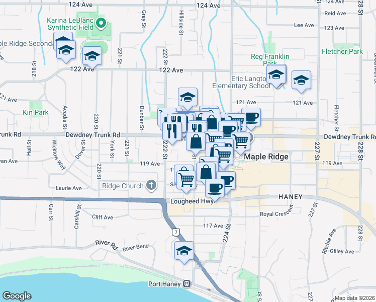 map of restaurants, bars, coffee shops, grocery stores, and more near in Maple Ridge