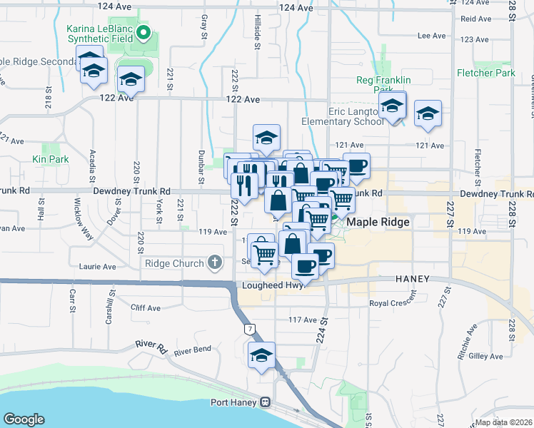 map of restaurants, bars, coffee shops, grocery stores, and more near in Maple Ridge
