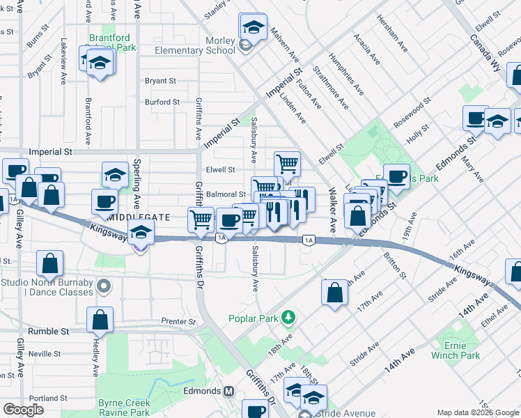 map of restaurants, bars, coffee shops, grocery stores, and more near 7088 Salisbury Avenue in Burnaby