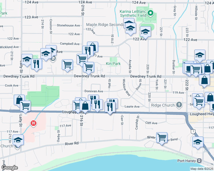 map of restaurants, bars, coffee shops, grocery stores, and more near 11945 Hall Street in Maple Ridge