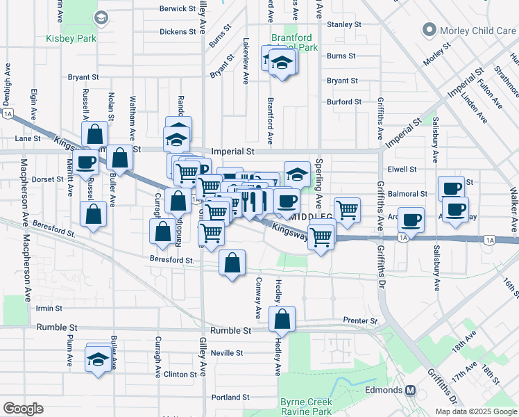 map of restaurants, bars, coffee shops, grocery stores, and more near 6569 Kingsway in Burnaby