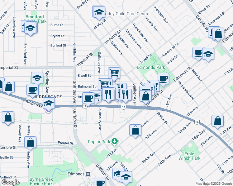 map of restaurants, bars, coffee shops, grocery stores, and more near 7063 Hall Avenue in Burnaby