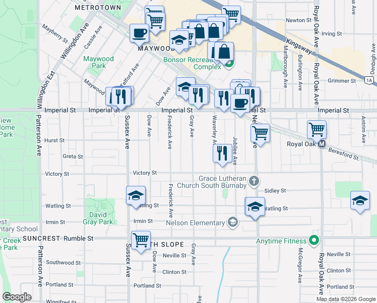 map of restaurants, bars, coffee shops, grocery stores, and more near 7055 Gray Avenue in Burnaby