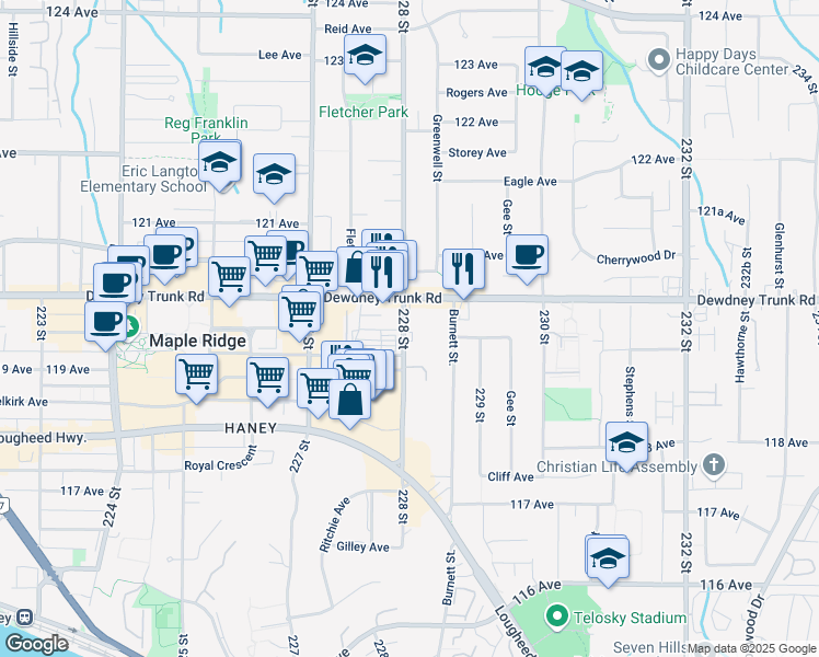 map of restaurants, bars, coffee shops, grocery stores, and more near 11950 228 Street in Maple Ridge