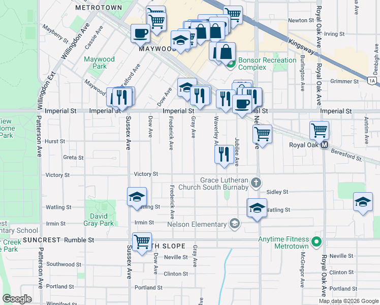 map of restaurants, bars, coffee shops, grocery stores, and more near 7067 Gray Avenue in Burnaby