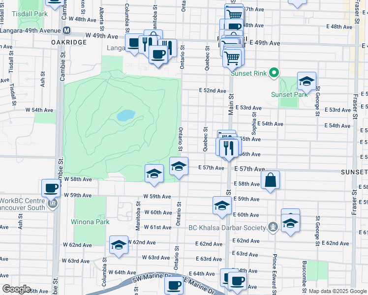 map of restaurants, bars, coffee shops, grocery stores, and more near 7180 Ontario Street in Vancouver