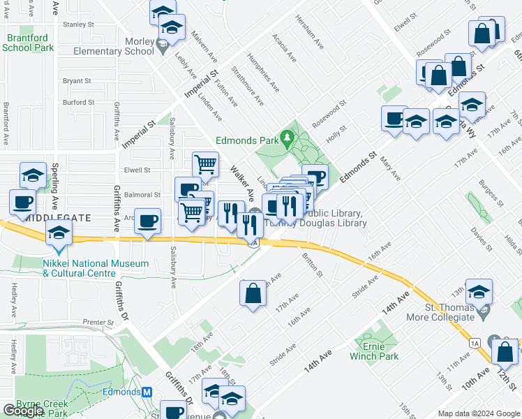 map of restaurants, bars, coffee shops, grocery stores, and more near 7325 Arcola Street in Burnaby