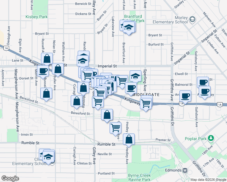 map of restaurants, bars, coffee shops, grocery stores, and more near 6408 British Columbia 99 Alternate in Burnaby