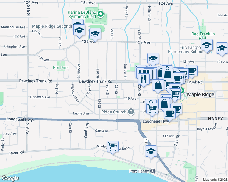 map of restaurants, bars, coffee shops, grocery stores, and more near 11942 221 Street in Maple Ridge