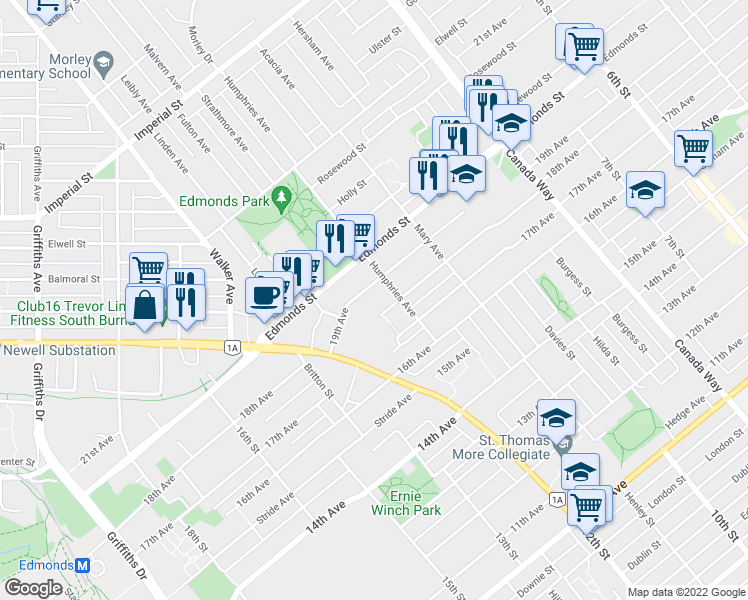 map of restaurants, bars, coffee shops, grocery stores, and more near 7428 19th Avenue in Burnaby
