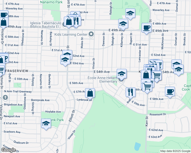 map of restaurants, bars, coffee shops, grocery stores, and more near 7038 Vivian Drive in Vancouver