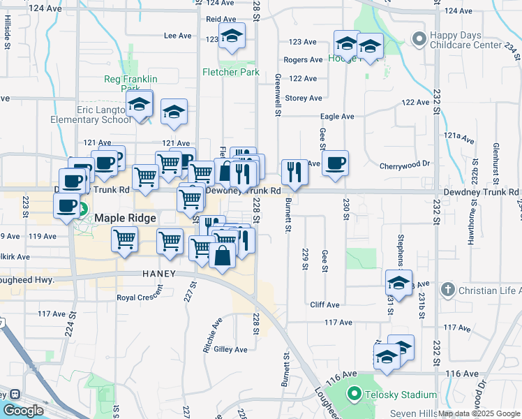 map of restaurants, bars, coffee shops, grocery stores, and more near 11950 228 Street in Maple Ridge