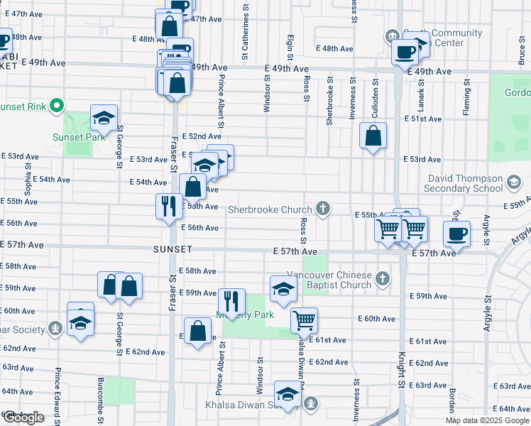 map of restaurants, bars, coffee shops, grocery stores, and more near 966 East 55th Avenue in Vancouver