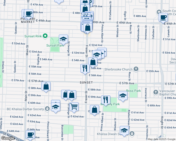 map of restaurants, bars, coffee shops, grocery stores, and more near 7138 Fraser Street in Vancouver