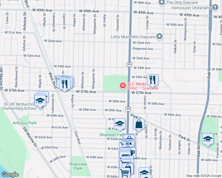 map of restaurants, bars, coffee shops, grocery stores, and more near 1571 West 57th Avenue in Vancouver