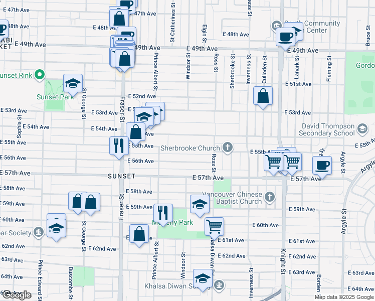 map of restaurants, bars, coffee shops, grocery stores, and more near 968 East 55th Avenue in Vancouver
