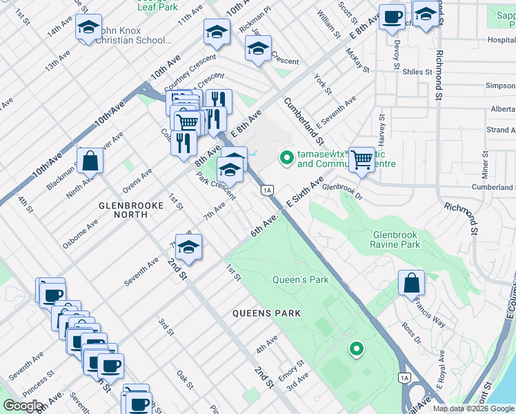 map of restaurants, bars, coffee shops, grocery stores, and more near 18 Smokey Smith Place in New Westminster