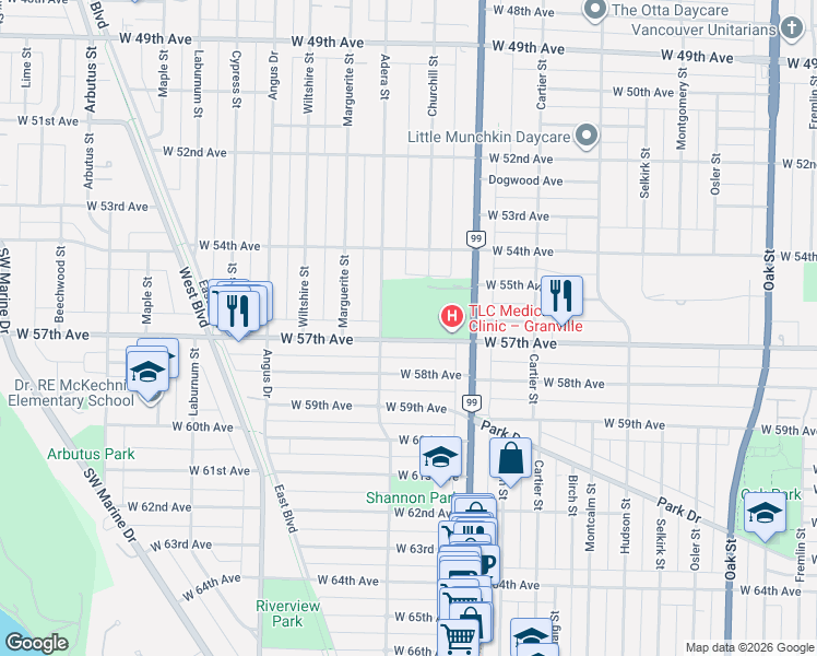 map of restaurants, bars, coffee shops, grocery stores, and more near 1571 West 57th Avenue in Vancouver