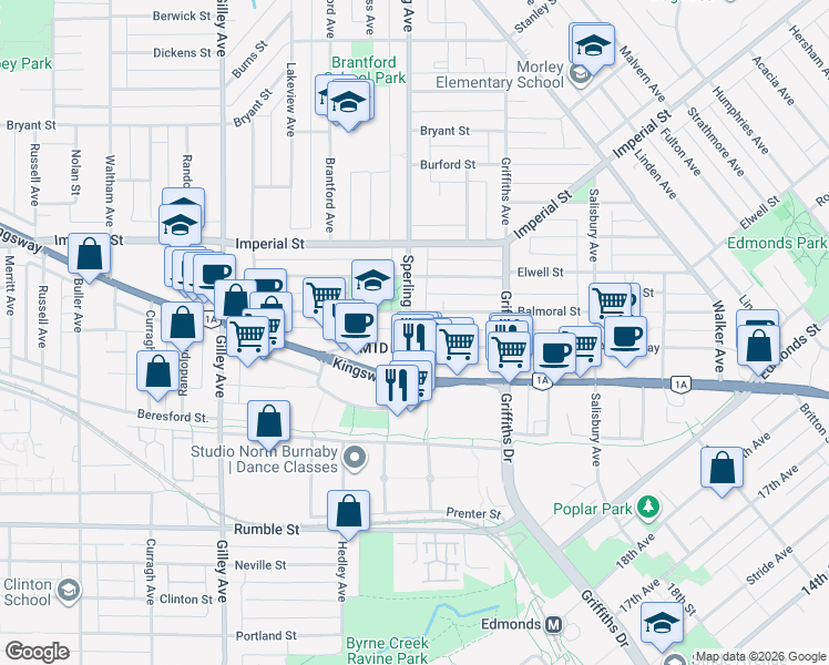 map of restaurants, bars, coffee shops, grocery stores, and more near 7088 Sperling Avenue in Burnaby