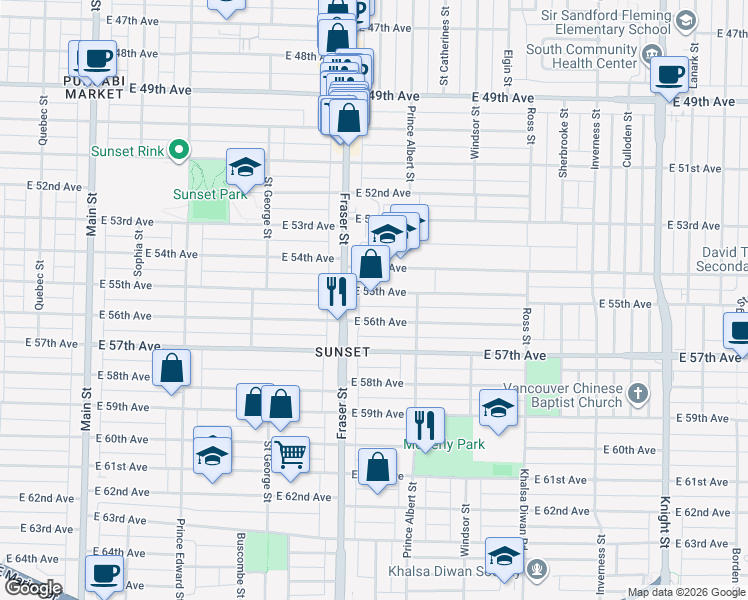 map of restaurants, bars, coffee shops, grocery stores, and more near in Vancouver