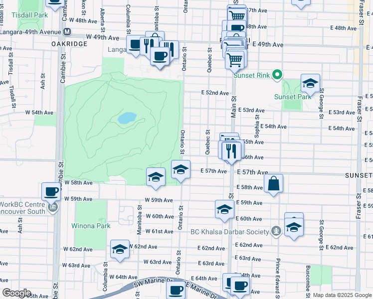 map of restaurants, bars, coffee shops, grocery stores, and more near in Vancouver