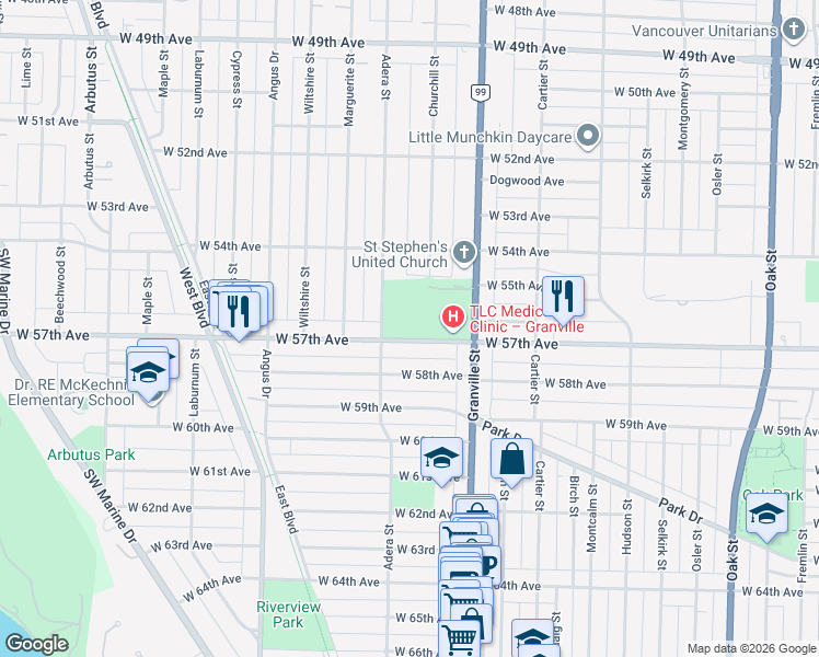 map of restaurants, bars, coffee shops, grocery stores, and more near in Vancouver