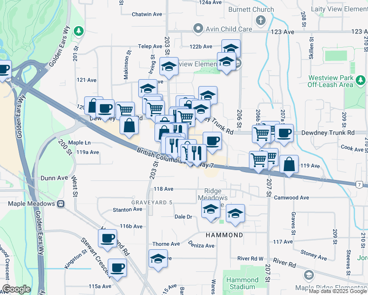 map of restaurants, bars, coffee shops, grocery stores, and more near 20465 Lougheed Highway in Maple Ridge